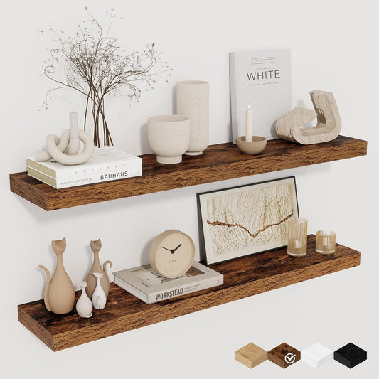 32Inch Floating Shelves for Wall 2 Pack Wood Shelves for Kitchen, Bathroom, Bedroom Wall Mounted Rustic Wood Floating Shelf with Invisible Brackets for Books, Storage, Decor, Rustic Brown