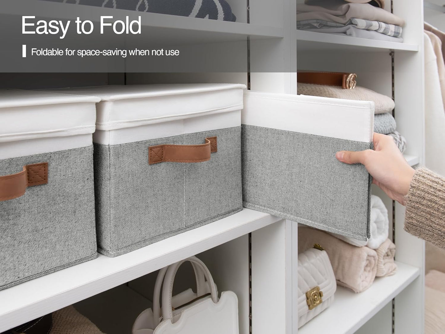 StorageWorks Large Storage Bins with Lids, Decorative Storage Boxes with Lid and PU Handles, Foldable Storage Baskets for Closet, Shelves, Stackable, Gray and White, 3-Pack