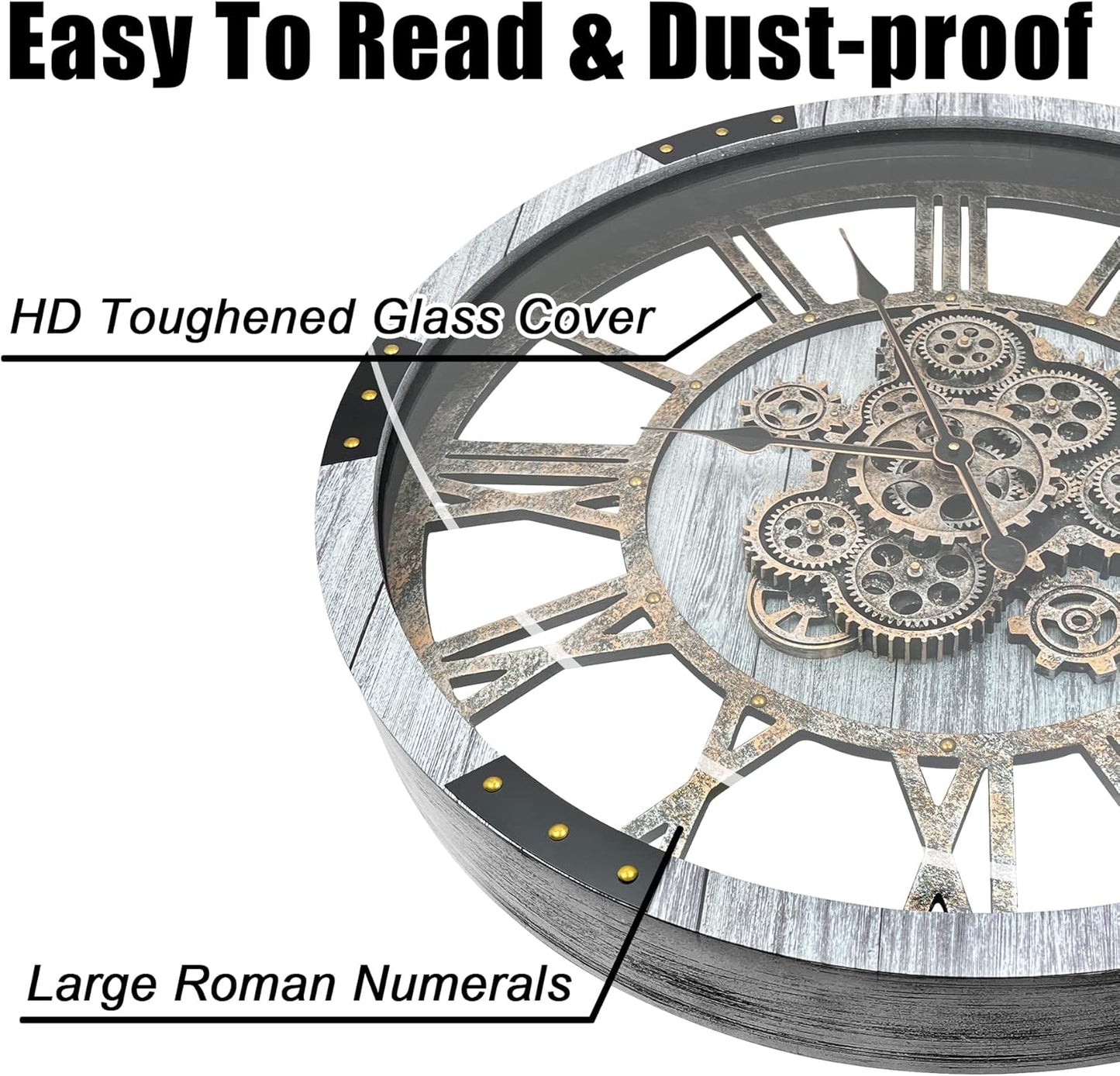 DORBOKER 40" Original Moving Gears Wall Clock, Large Industrial Wall Clock for Living Room Decor,Oversized Wood Vintage Farmhouse Steampunk Rustic Clocks for Wall Decor,Silver Grey