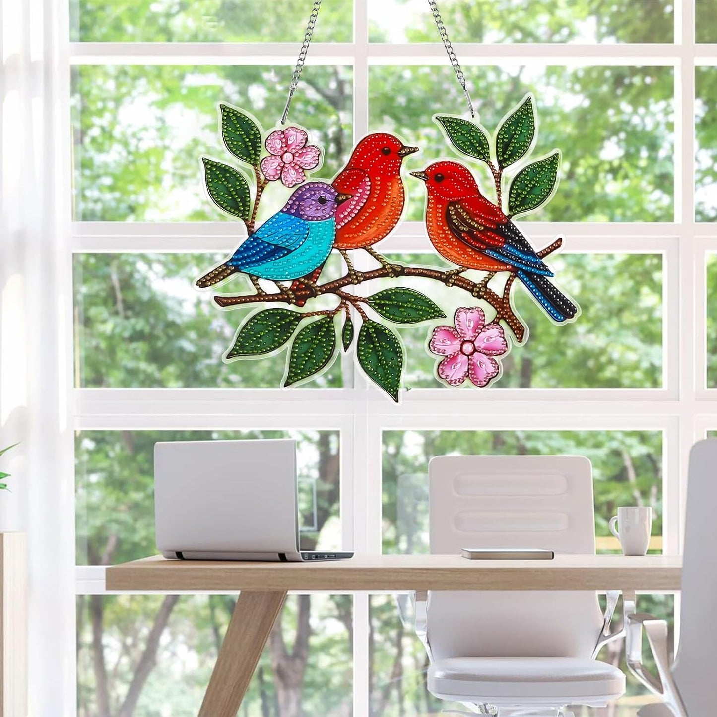 Diamond Art Suncatchers Hanging Kits, Hummingbird Diamond Art Painting Ornaments for Adults, Spring Birds Acrylic Board Gem DIY Painting Kit Window Wall Home Crafts Pendant Christmas Gift