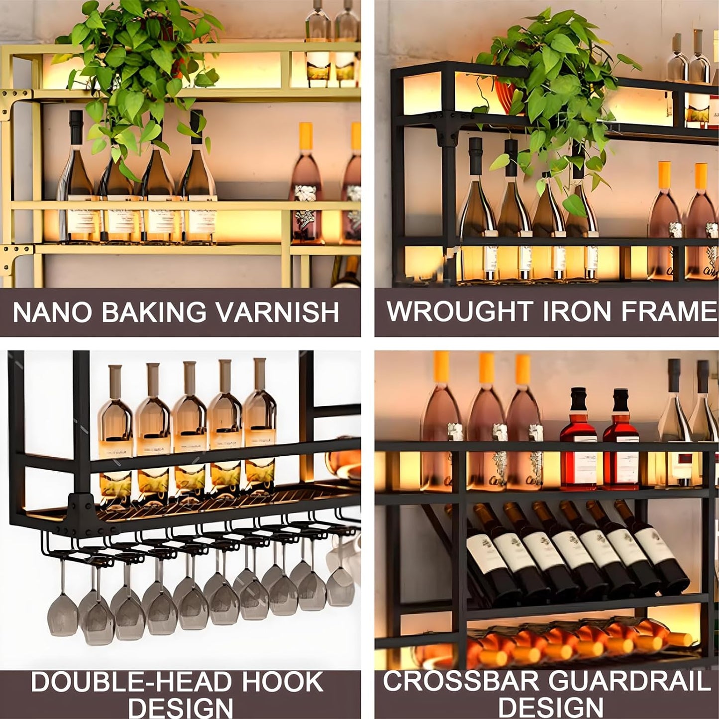59in Wall Mounted Wine Rack, Wine Rack Wall Mounted With Wine Glass Rack, Metal Bar Bottle Display Shelf Wine Cups Hanging Holder, For Home Bar Cafe Dining Room Decoration (BLACK, 59*10*35.5inch)