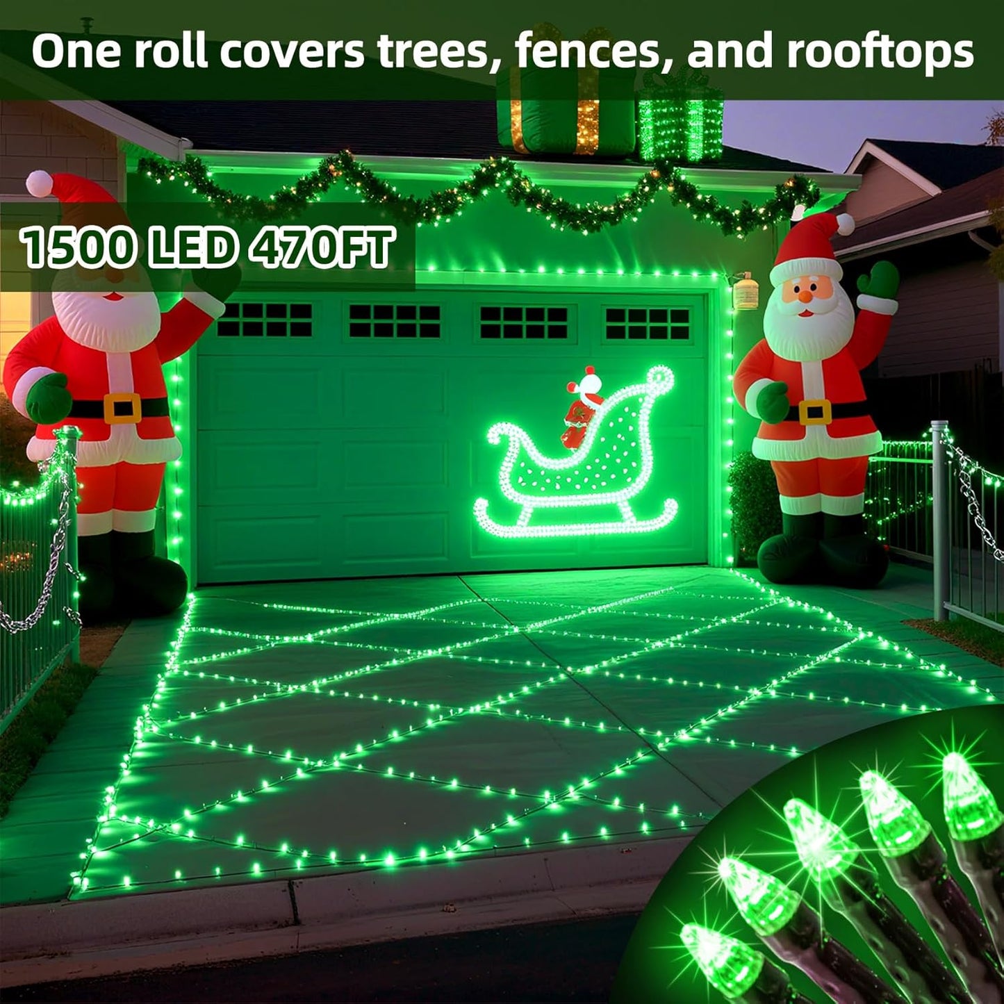 1500 LED 470FT Christmas Lights Outdoor,12 Lighting Modes Christmas String Lights with Timer, Dimmable Plug in Green LED StringLights Waterproof for Yard Tree Wedding Party Holiday Green