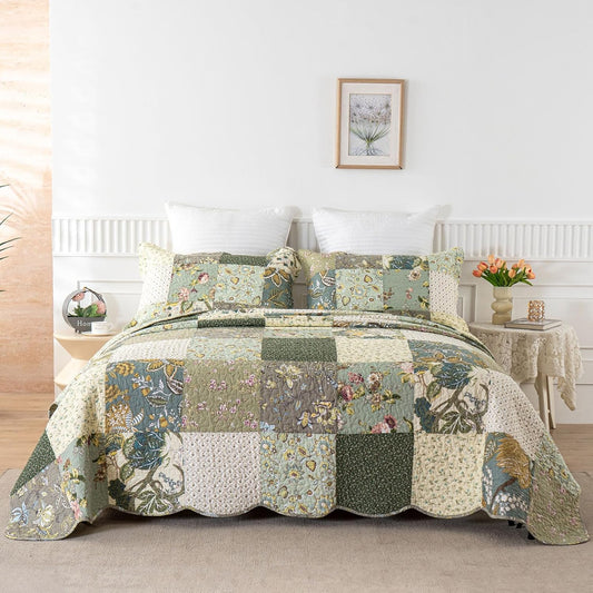 YAYIDAY Oversized King Bedspreads Patchwork Quilt Set (120x118 Inch) - 100% Cotton Reversible Breathable Floral Quilted Coverlet with Pillow Shams Fit All Season