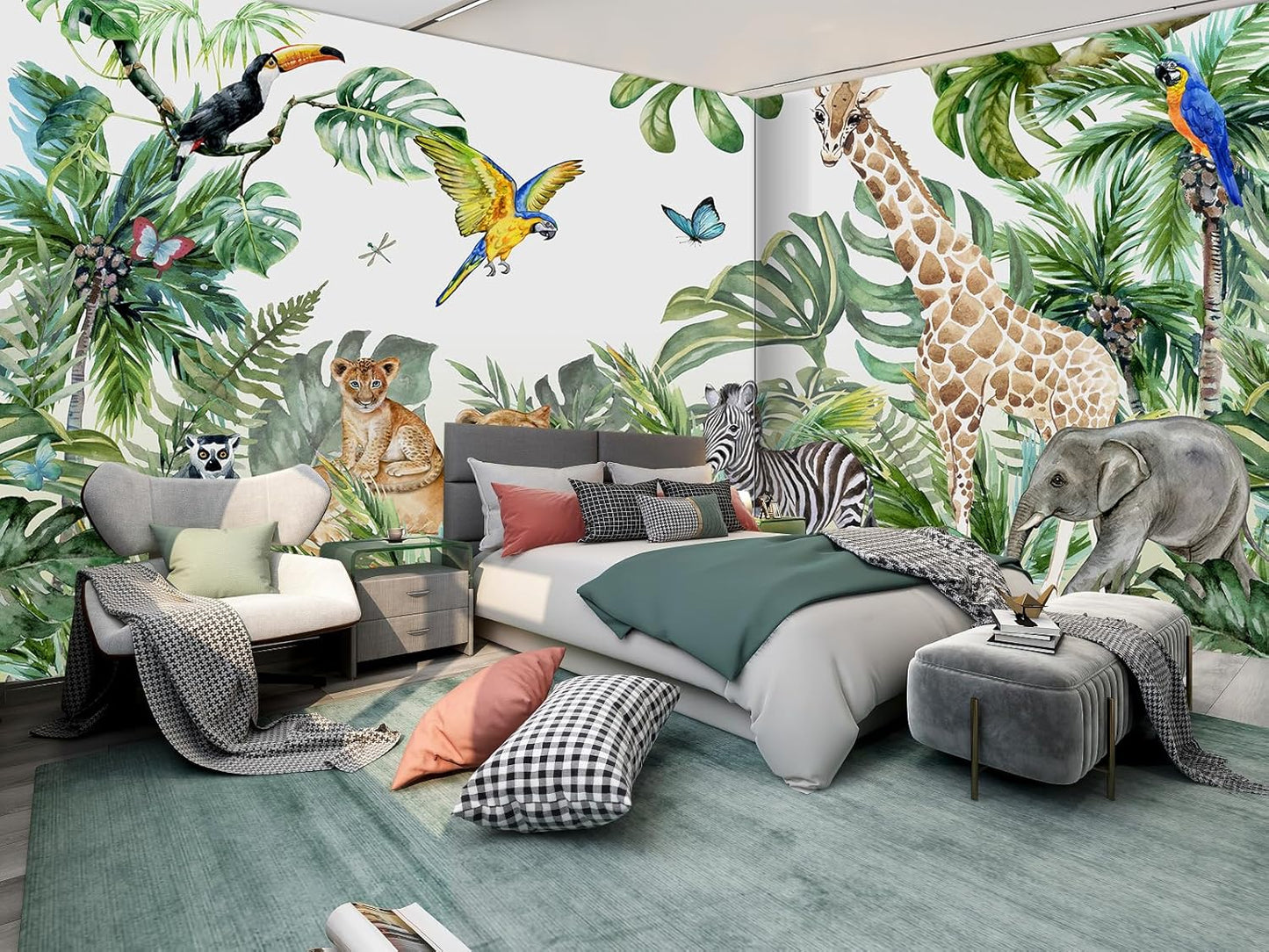 Safari Wallpaper for Children with Animals Jungle Wall Mural Watercolor Animals Nursery Wallpaper Kids Room Decor(Not Peel n' Stick)