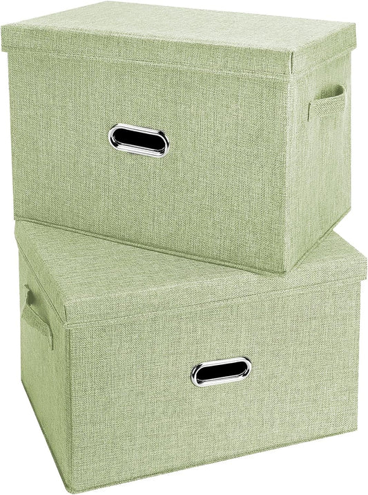 Large Linen Fabric Foldable Storage Bins with Removable Lid and Handles, Washable Storage Box Organizer Containers Baskets Cube with Cover for Bedroom,Office(Green, XXL(2-Pack))