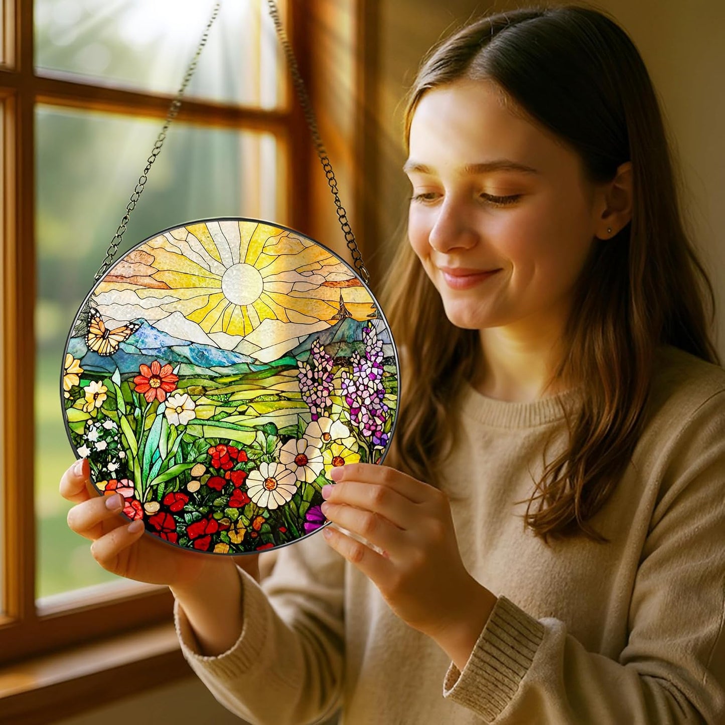 8 Inch Mountain Wildflowers Stained Glass Suncatcher, Suncatchers for Windows Hanging, Window Decor, Grandma Mom Gift for Her, Mother's Day Christmas Birthday