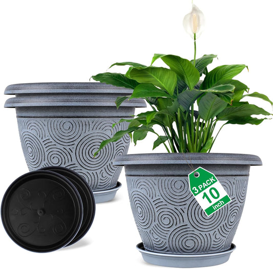 10 Inch Flower Pots Planters for Indoor Outdoor Plants, 3 Pack Plastic Large Plant Pots with Drainage Hole & Tray, Modern Decorative Garden Pot with Saucer, Plant Container for House
