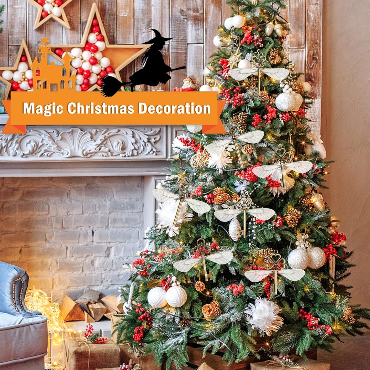 SANNIX 30 PCS Vintage Skeleton Keys Flying Keys with 30 Pairs Dragonfly Wings and 30 Yards Elastic String for Party Decorations