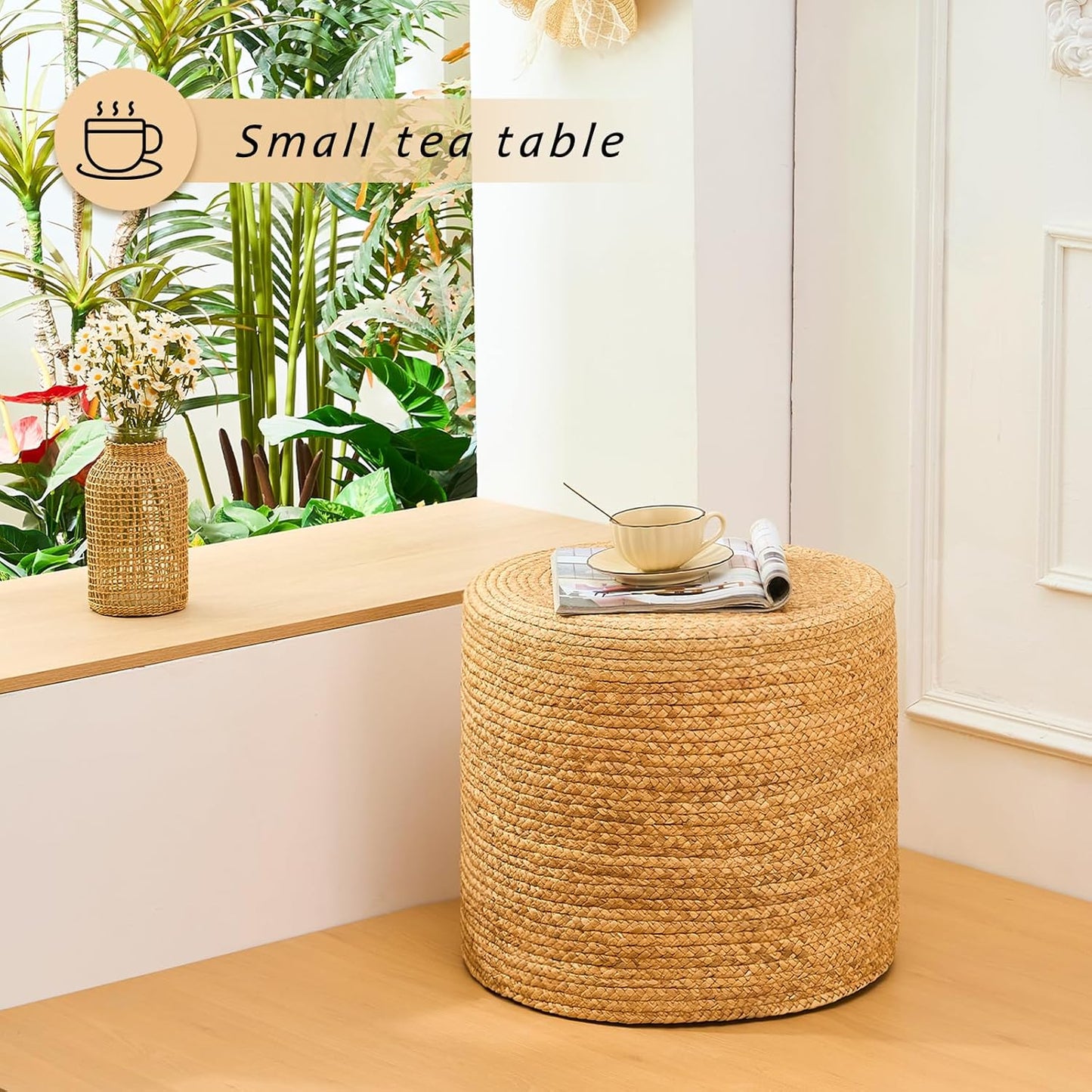Handwoven Ottoman Pouf, Natural Water Hyacinth Footstool, Round Braided Outdoor Seat with Sturdy Frame, Boho Accent Stool for Patio, Balcony, or Garden (Natural)