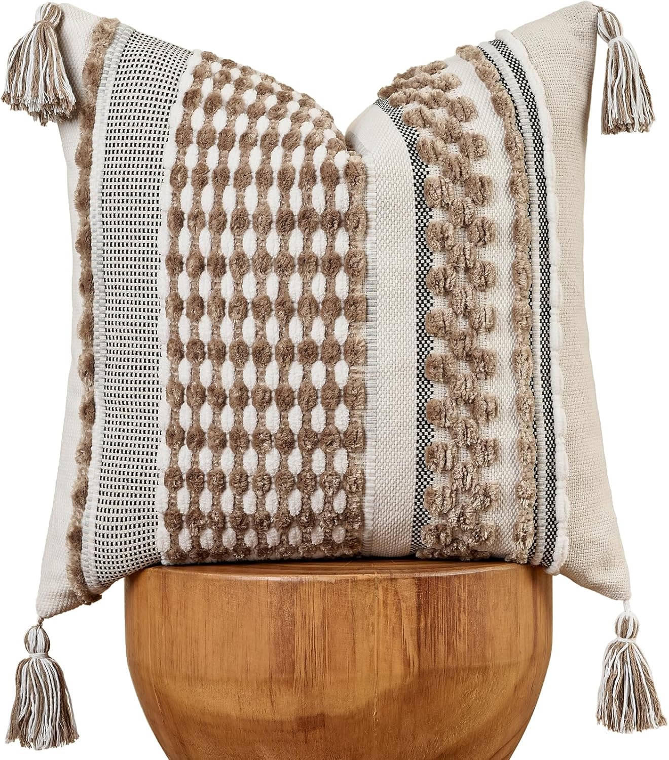 AmHoo Chenille Striped Textured Boho Throw Pillow Covers Aesthetic with Tassels Woven Decorative Pillow Case for Couch Bed Sofa Bedroom Modern Funky 18 x 18-Inch Taos Taupe