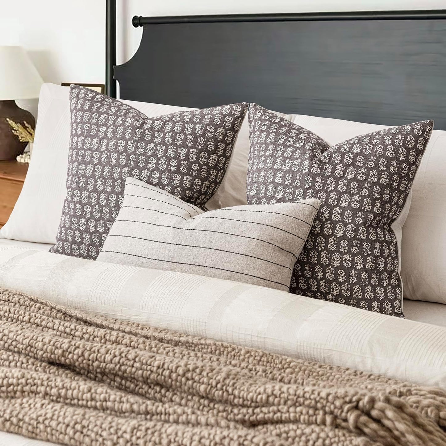 Foindtower Set of 2 Decorative Vintage Floral Print Throw Pillow Covers Neutral Modern Farmhouse Cushion Covers Boho Home Decor for Sofa Couch Chair Bedroom Living Room Outdoor,18×18 Inch,Rustic Gray