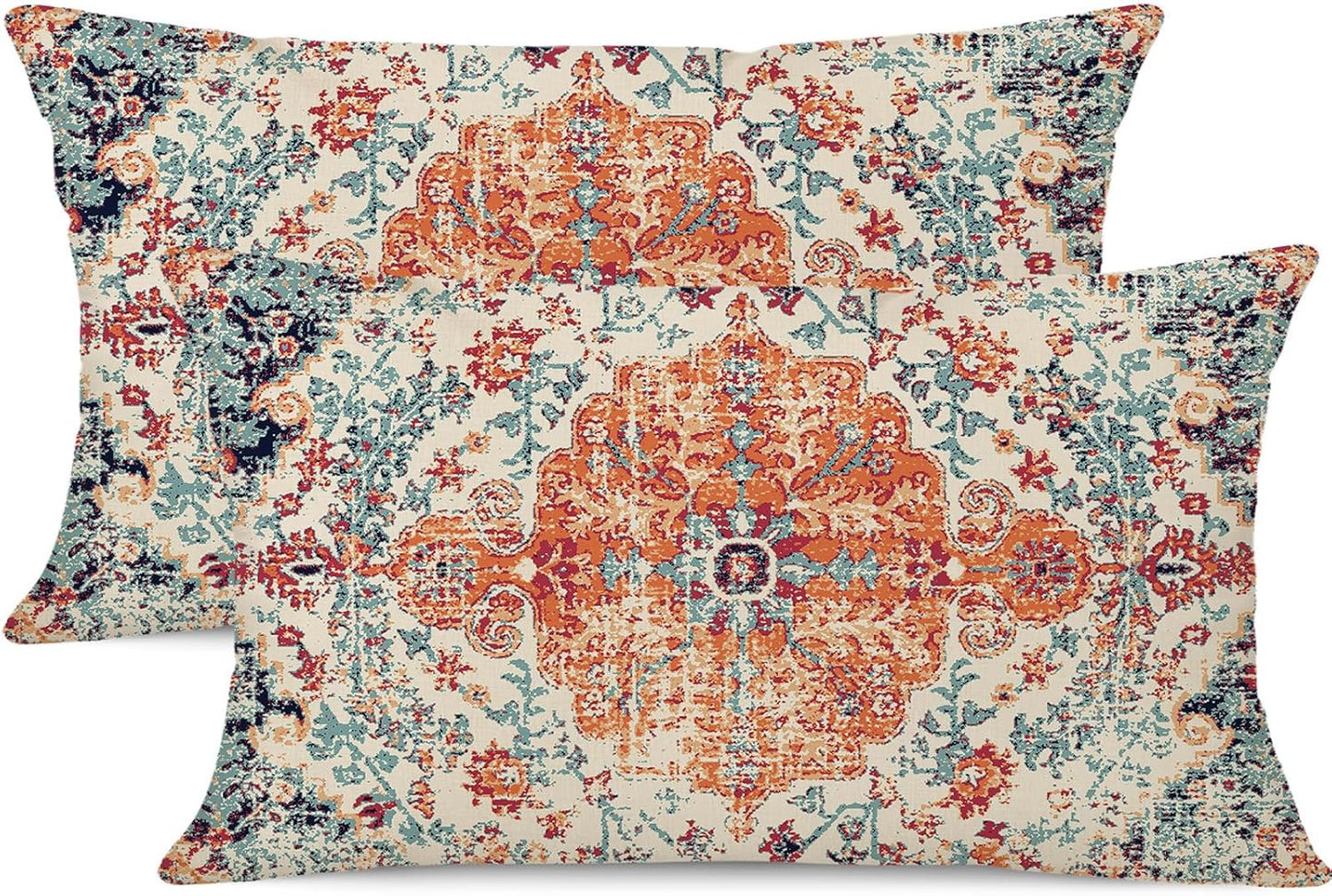 Outdoor Waterproof Pillow Covers - 12X20 Inch Set of 2, Bohemian Vintage Carpet Pattern, Orange Blue Ethnic Design, Decorative Farmhouse for Couch, Garden, Balcony