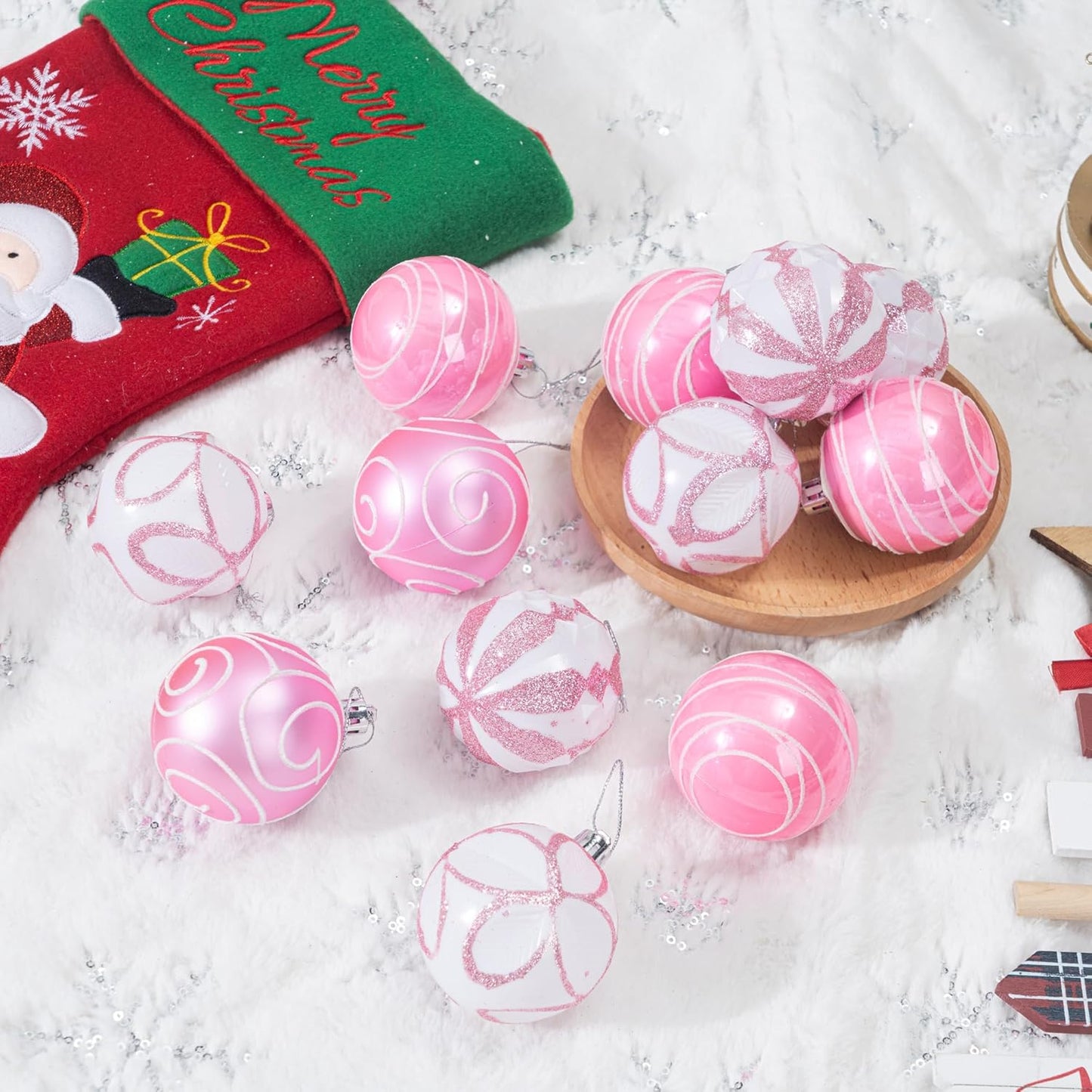 100Pcs Christmas Balls Ornaments Set, Shatterproof Christmas Decorations with Hand-held Gift Package for Xmas Tree/Holiday/Wedding/Holiday/Party Decor (Pink & White)