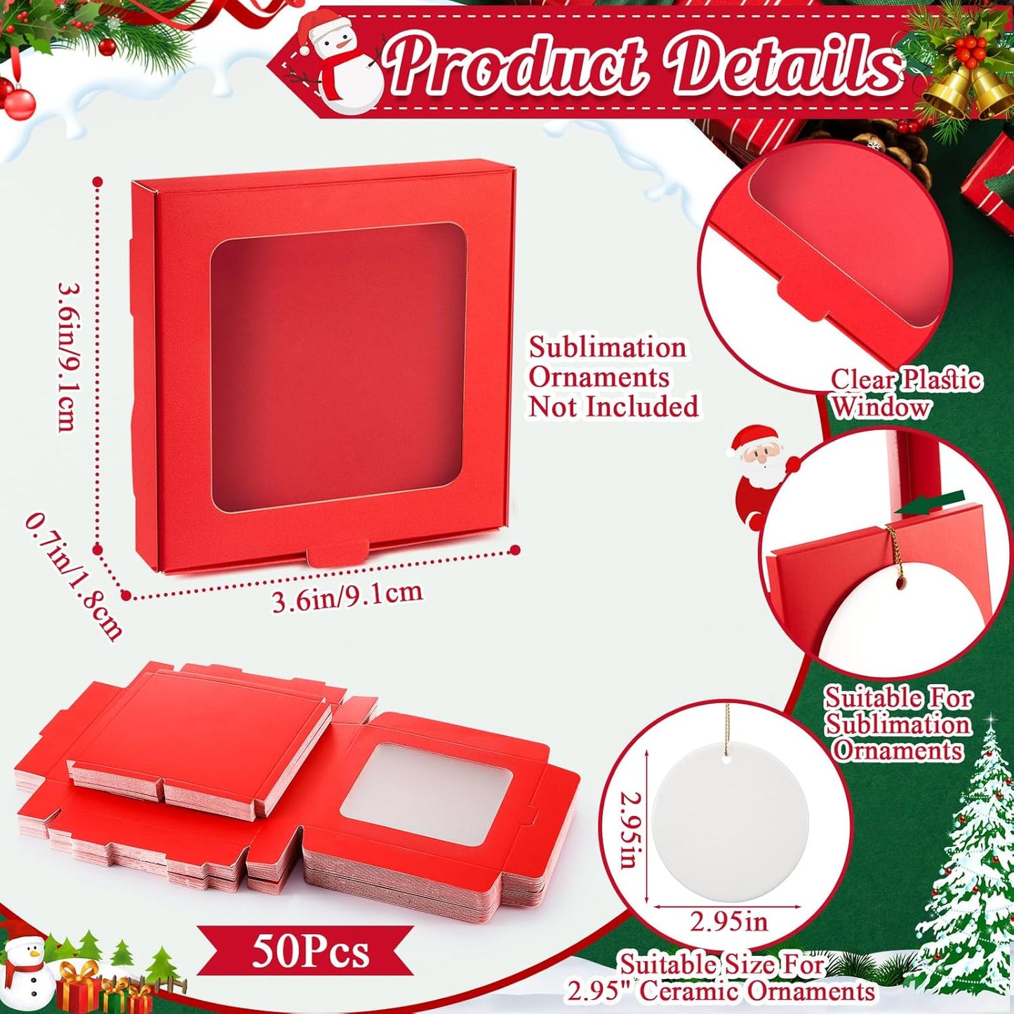 50 Pcs Sublimation Ornament Blanks Box 3.6"x3.6"x0.7" Christmas Ornaments Holder Ceramic Discs Packaging Box with Window for Personalized Xmas Tree Blanks Bulk (Red)