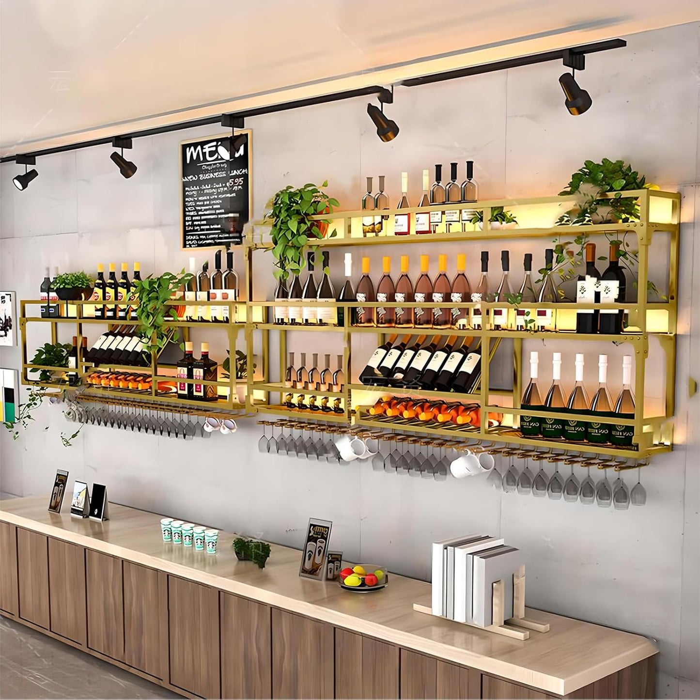 39.1in Wall Mounted Wine Rack, Wine Rack Wall Mounted With Wine Glass Rack, Metal Bar Bottle Display Shelf Wine Cups Hanging Holder, For Home Bar Cafe Dining Room Decoration (GOLD, 39.1*10*35.5inch)