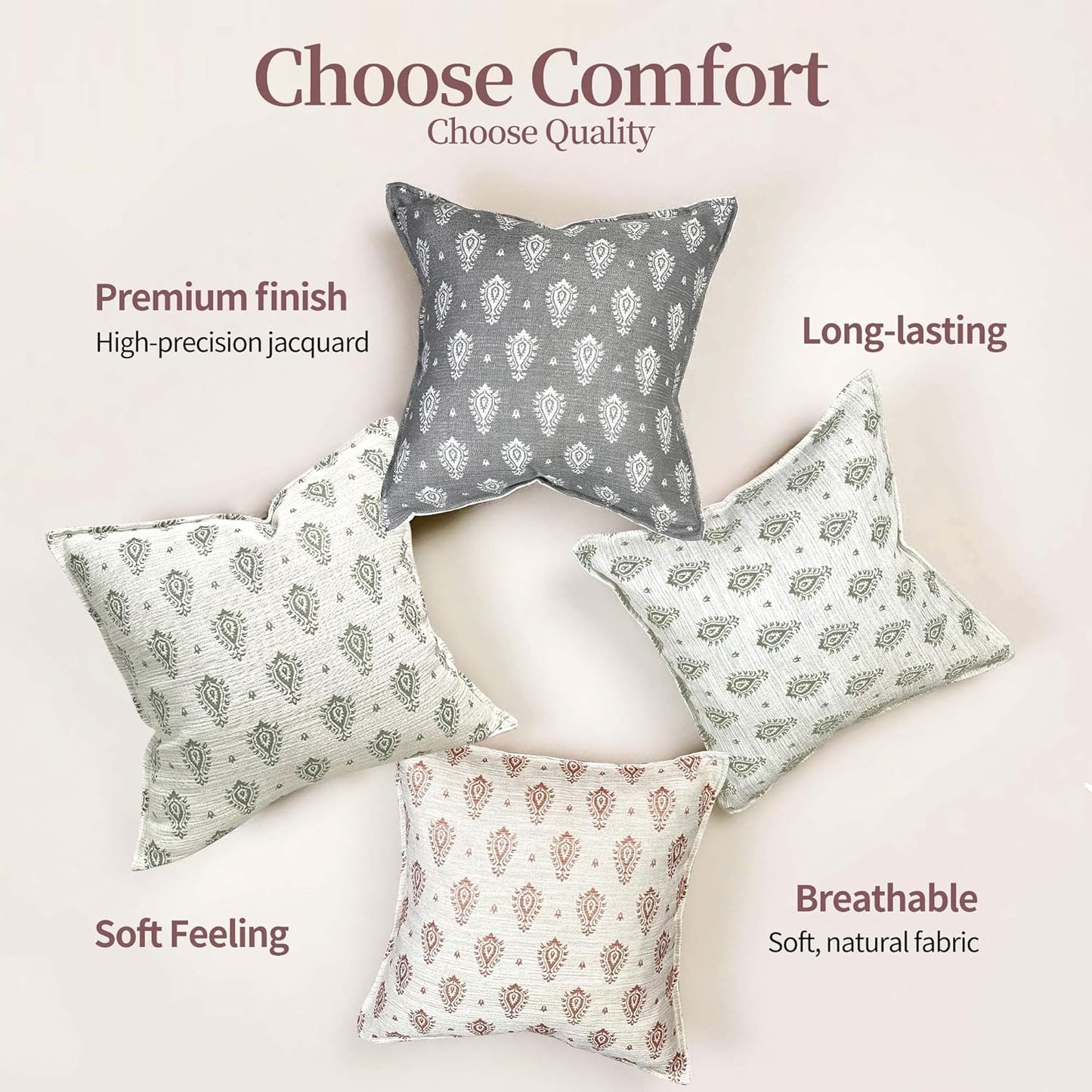 Floral Pillow Covers 18x18 Set of 2 Decorative Throw Pillow Covers Neutral Floral Paisley Farmhouse Pillow Covers for Sofa Couch Bed