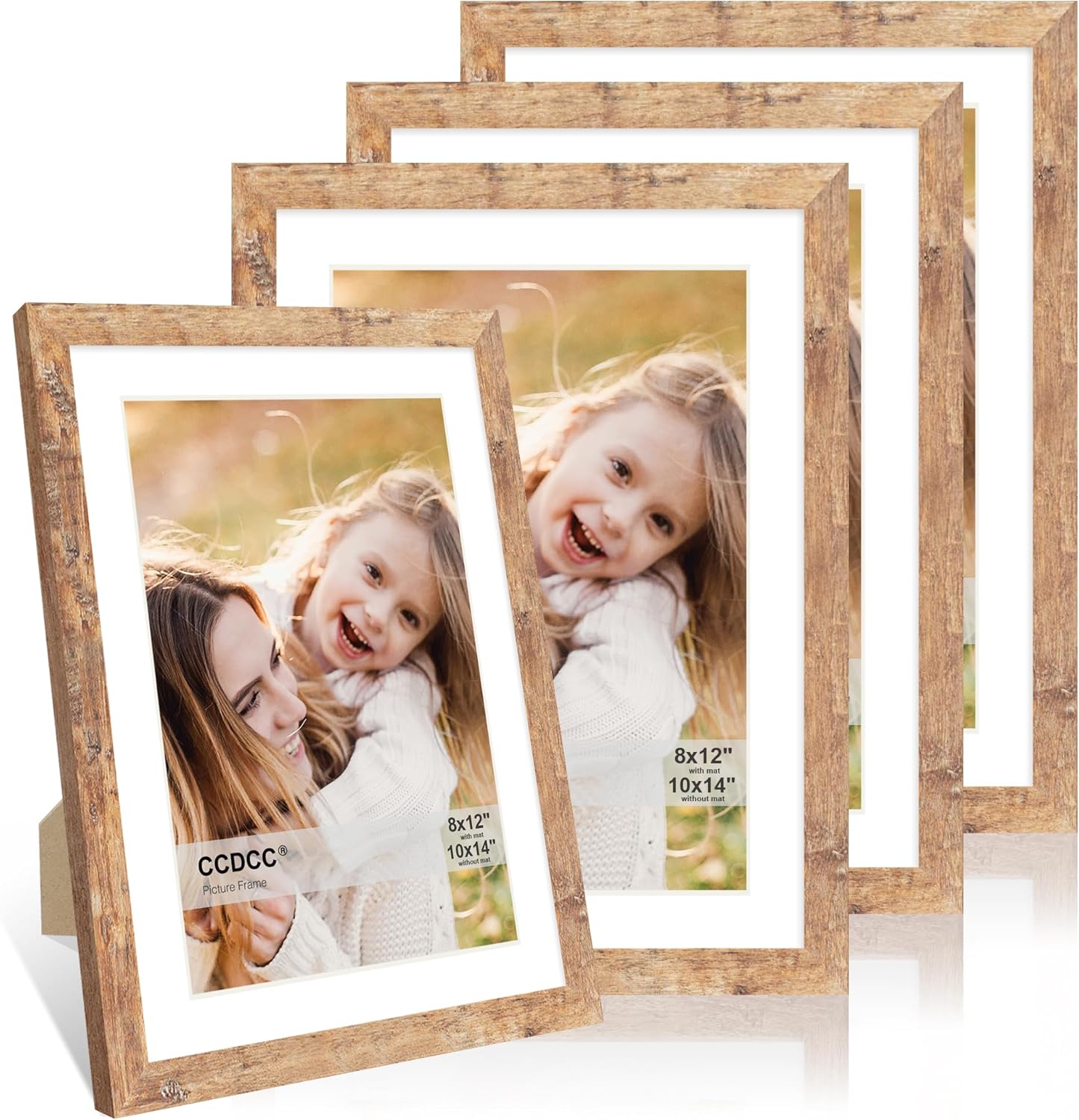 10x14 Picture Frame Set of 4, 10 x 14 Wood Photo Frames with Mat for 8x12 or 30x40cm Diamond Painting Art, Wooden Frame with Real Glass Cover for Wall and Tabletop Display,Brown