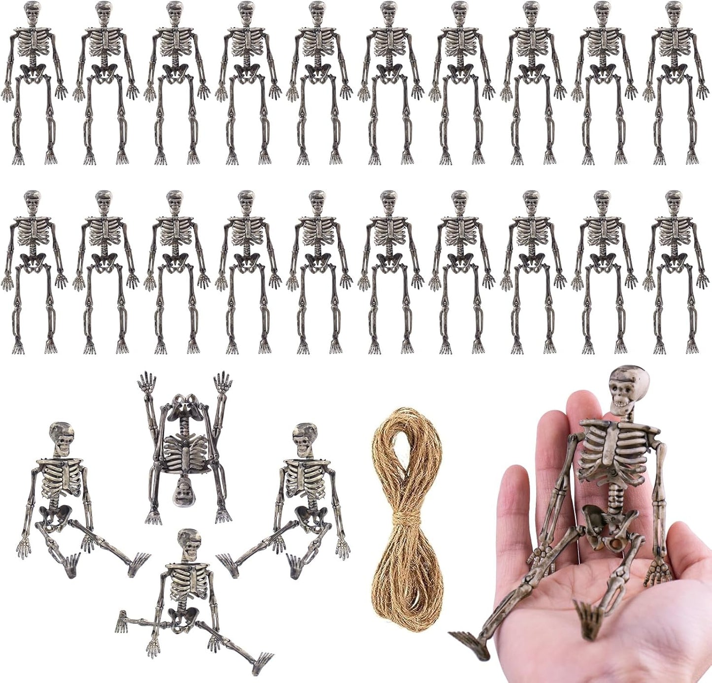 24 Pcs mini skeleton halloween decoration With hemp rope，6”small plastic posable halloween tiny skeleton figurines decor for Halloween Indoor Outdoor Graveyard Decor Haunted House Party Favors
