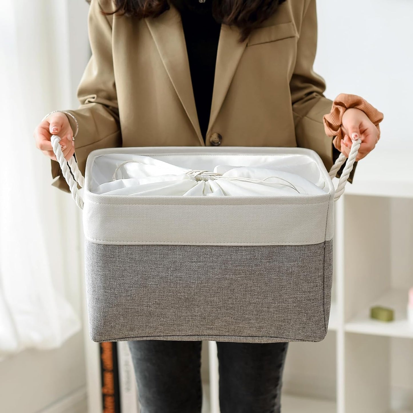 TheWarmHome Storage Baskets for Organizing, X Large - 3 Pack 17.7L×13.8W×9.8H in Foldable Storage Bins for Shelves, Fabric Storage Box for Closet Nursery Toy Gift (White & Grey)