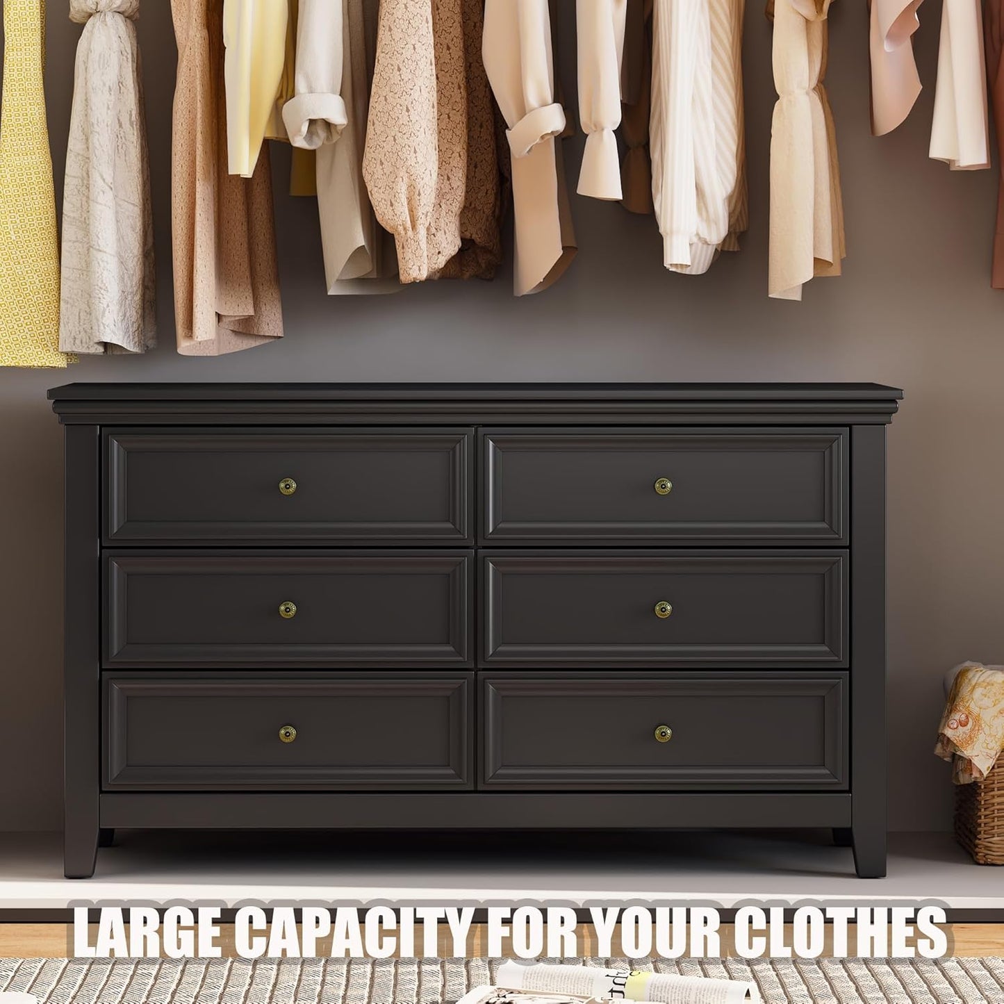 BLANKSPACE Black 6 Drawer Dresser, Modern Dresser for Bedroom, Wood Drawer Organizer with Metal Knobs, Large Capacity Wood Cabinet for Bedroom, Hallway