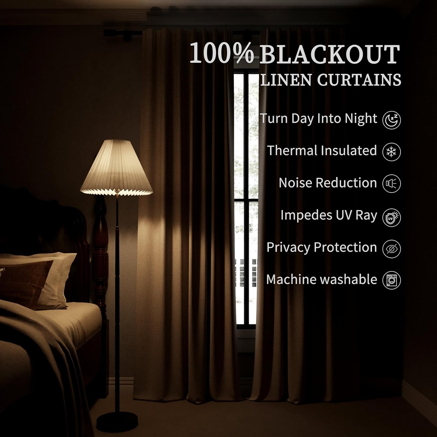 108 Inch Black Out Curtains 2 Panels Set Back Tab Thermal Insulated Natural Linen Textured Blackout Curtains Noise Reducing Dark Brown Neutral Living Room Darkening Window Drapes Pleated 52x108