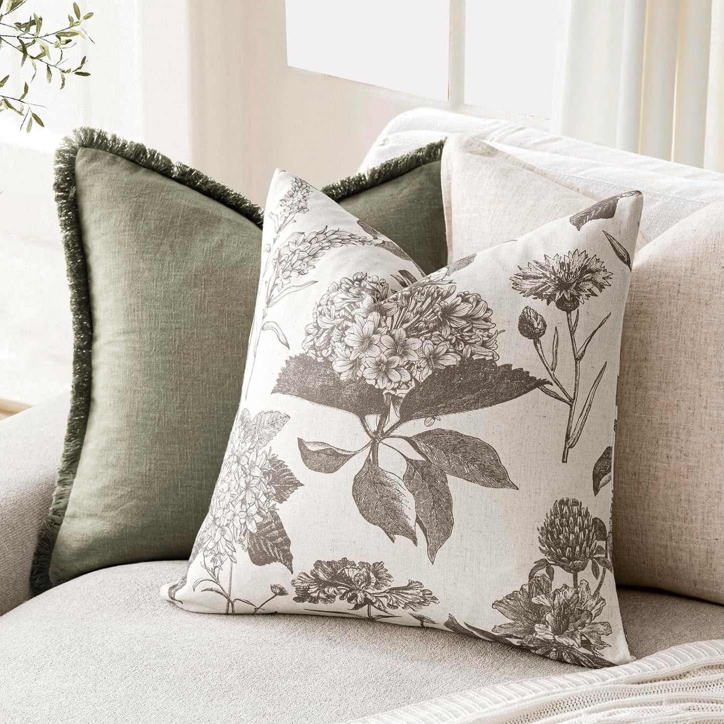 Foindtower Set of 2 Linen Floral Vintage Throw Pillow Covers Neutral Accent Decorative Cushion Covers Farmhouse Boho Home Decor for Sofa Chair Couch Bedroom Living Room Outdoor,18×18 Inch,Light Gray