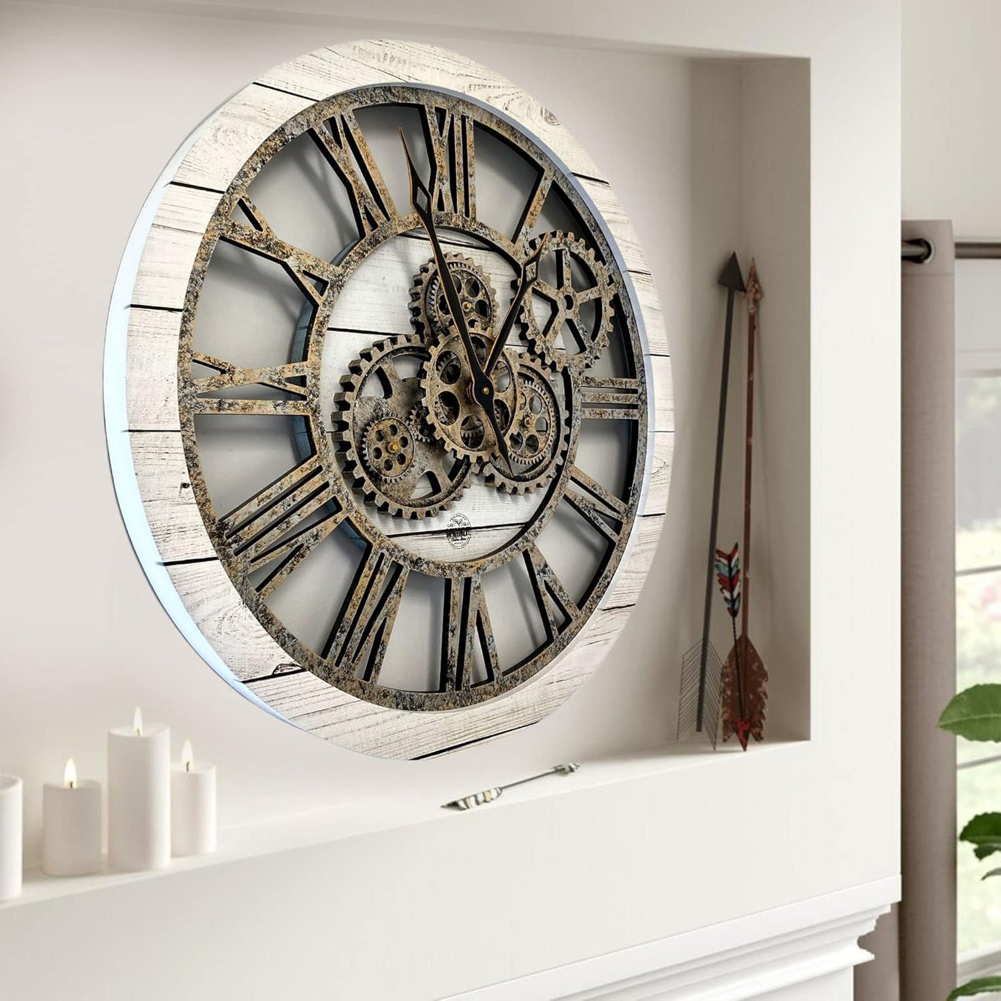 The Gears Clock The Original Real Moving Gear Wall Clock Vintage Industrial Oversized Rustic Farmhouse (24 inch (60cm),White Farmhouse)