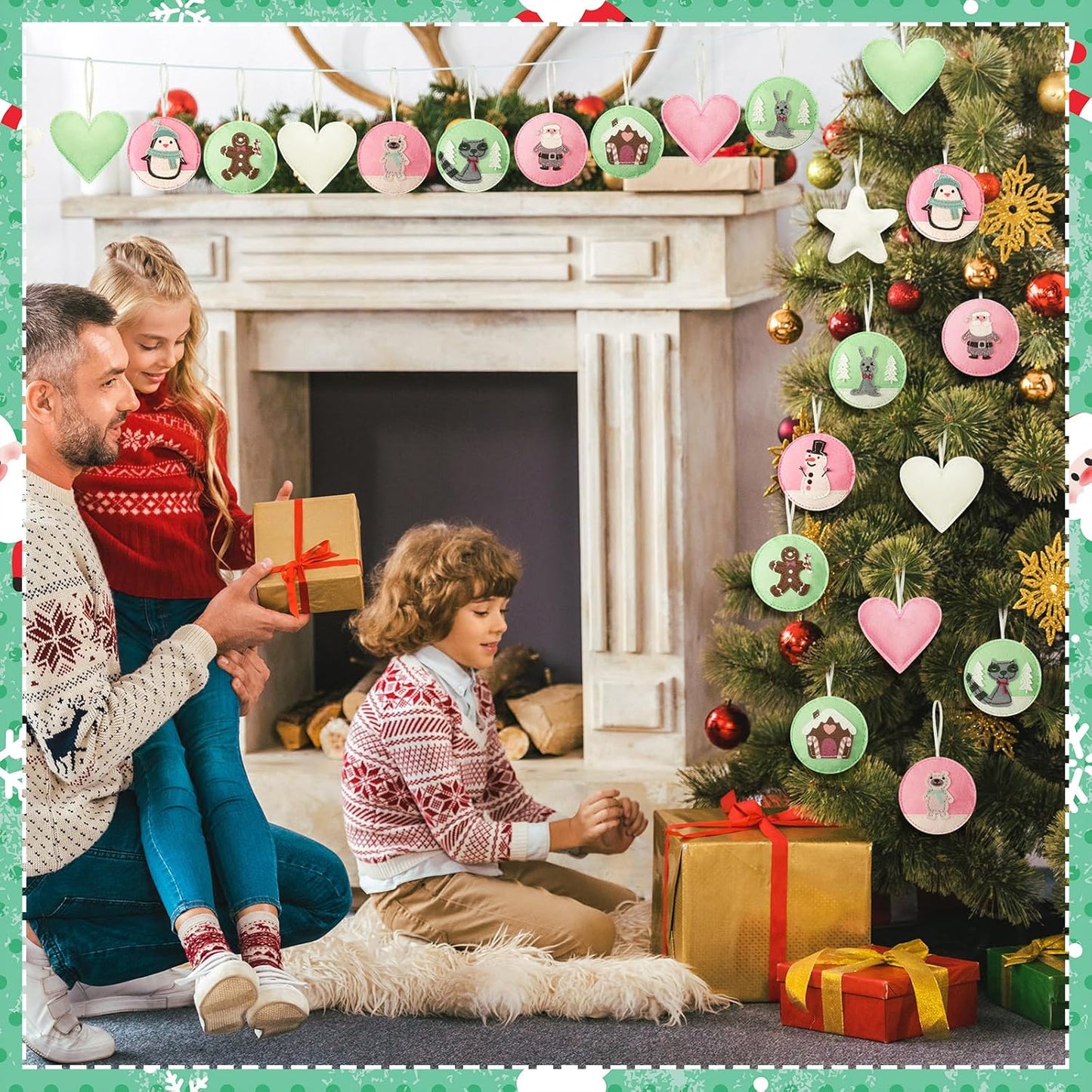 12 Pcs Christmas Felt Ornaments for Tree Santa Claus Snowman Gingerbread 3D Pink Pastel Mint Turquoise Decoration Hanging Felt Craft for Christmas Party Favors Gifts