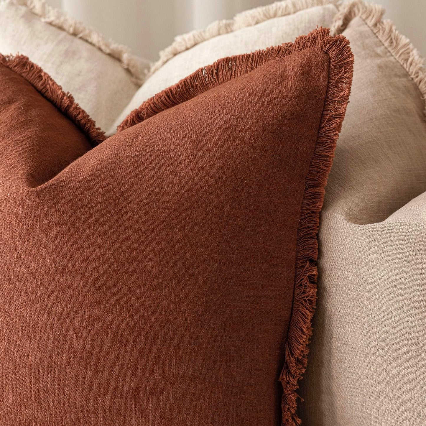 Foindtower Set of 2 Decorative Linen Fringe Lumbar Throw Pillow Covers Farmhouse Cushion Cover with Tassels Accent Pillowcase for Couch Sofa Bed Living Room Home Decor,12×20 Inch,Autumn Rust Orange