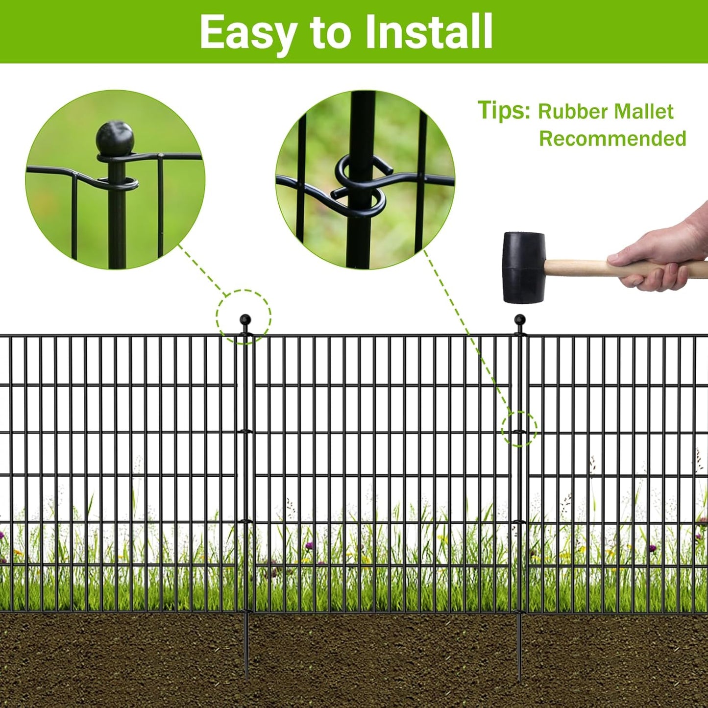 5 Panels No Dig Decorative Outdoor Garden Fence with Gate for Yard, 40 in(H) X 11.8 ft(L) Animal Barrier Fencing Rustproof Metal Wire Panel Border for Dog, Rabbits, and Patio Temporary Ground Stakes
