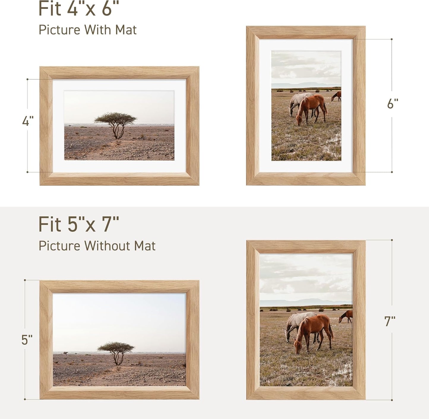 5x7 Picture Frame Set of 4 Natural Solid Oak Photo Frames with 4x6 Removable Mat Wall Hanging Large Handcrafted Frame with HD Plexiglass Wall and Tabletop Display Large Poster Frame