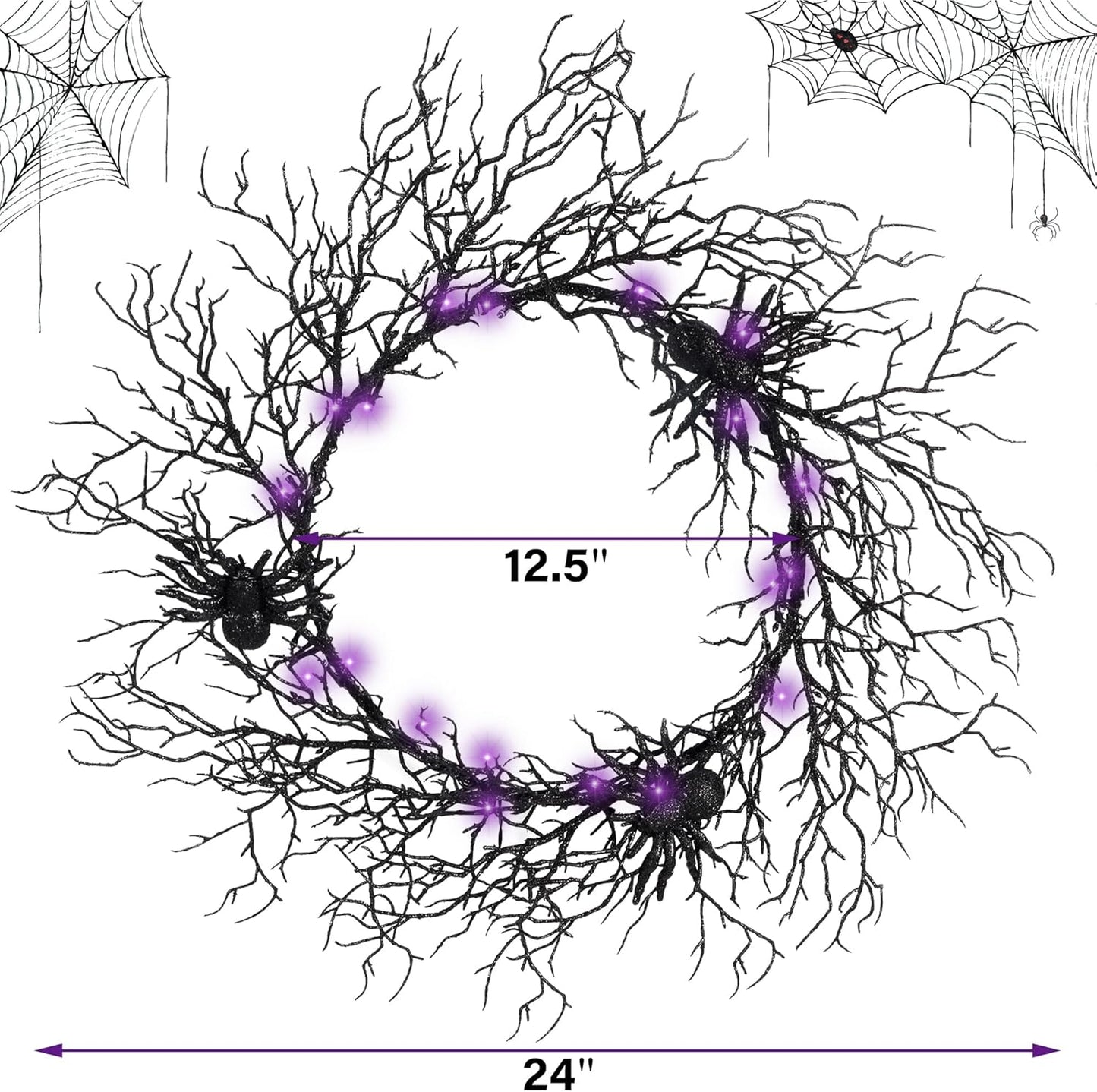 24 Inch Halloween Wreath for Front Door - Lighted Black Spider Wreath with Purple LED Lights, Outdoor/Indoor Spooky Decorations for Halloween Party, Porch, Holiday Home Decor
