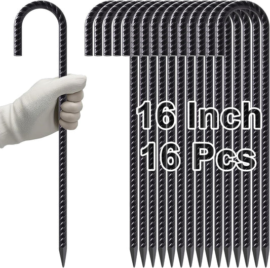 VVOKGO Rebar Stakes 16 Inches J Hook Heavy Duty Chain Link Fence Stakes, 16 Pcs Metal Long Tent Spikes Ground Anchors for Wire Fencing, Dogs Digging, Camping Tents, Swings, Greenhouse, Black