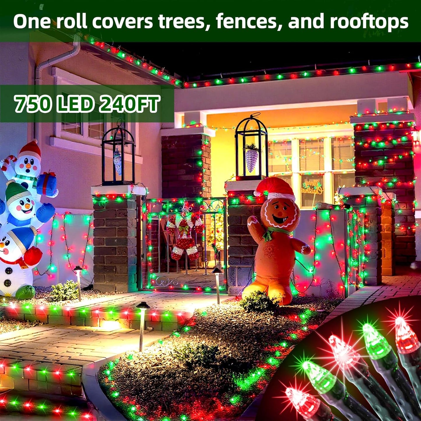 750 LED 240FT Christmas Lights Outdoor,12 Lighting Modes Christmas String Lights with Timer, Dimmable Red & Green LED StringLights Waterproof for Yard Tree Wedding Party Holiday Red & Green