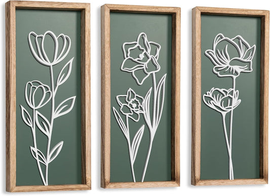 3D Floral Green Wall Art (Set of 3) Lightweight, Wooden Ready-to-Hang Boho Framed Wall Art for Bathroom, Master Bedroom, Living Room or Office - Premium Sage Green Farmhouse Decor - Gift-Boxed