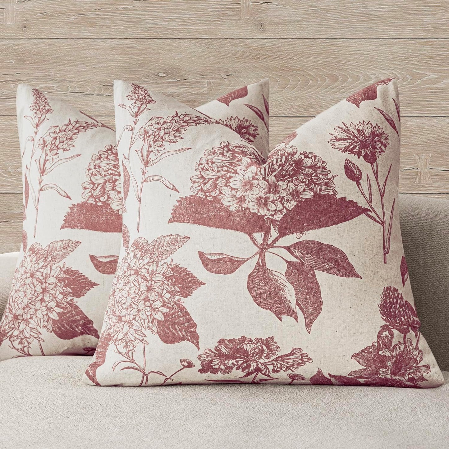 Foindtower Set of 2 Linen Floral Vintage Throw Pillow Covers Neutral Accent Decorative Cushion Covers Farmhouse Boho Home Decor for Sofa Chair Couch Bedroom Living Room Outdoor,20×20 Inch,Dark Pink