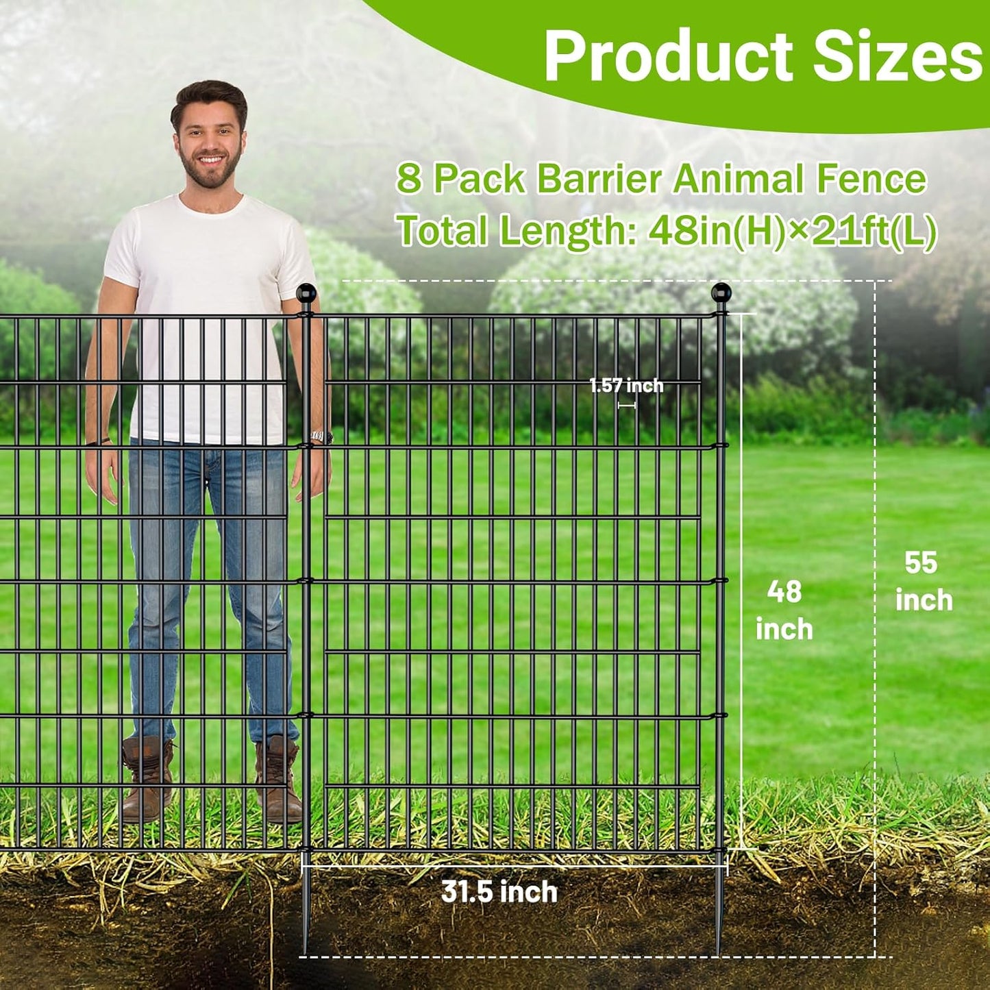 8 Panels No Dig Decorative Outdoor Garden Fence with Gate for Yard, 48 in(H) X 21 ft(L) Animal Barrier Fencing Rustproof Metal Wire Panel Border for Dog, Rabbits, and Patio Temporary Ground Stakes