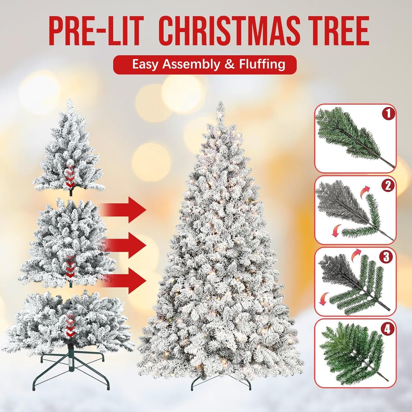 5ft Pre-lit Flocked Christmas Tree, Artificial Christmas Tree with Lights, Snow Frosted Christmas Trees Pre-lit with Pine Cones & 300 UL Lights, 600 Tips, Hinged Easy Setup Xmas Tree