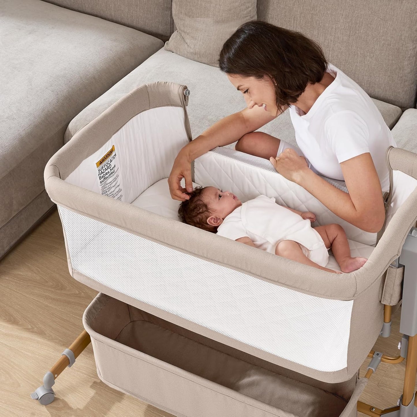 3 in 1 Baby Bassinet, Rocking Bassinet, Bedside Bassinet, 6-Height Adjustable, Bassinet Bedside Sleeper, Bedside Bassient for Baby with Comfy Mattress, Breathable Mesh, Large Storage Basket