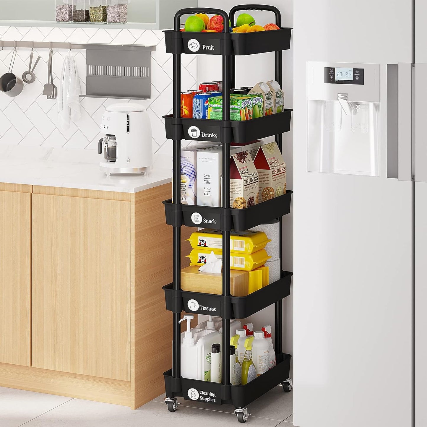 Laiensia Storage Cart,Multifunction Utility Rolling Cart Kitchen Storage Organizer,Mobile Shelving Unit Cart with Lockable Wheels for Bathroom,Laundry,with Classified Stickers