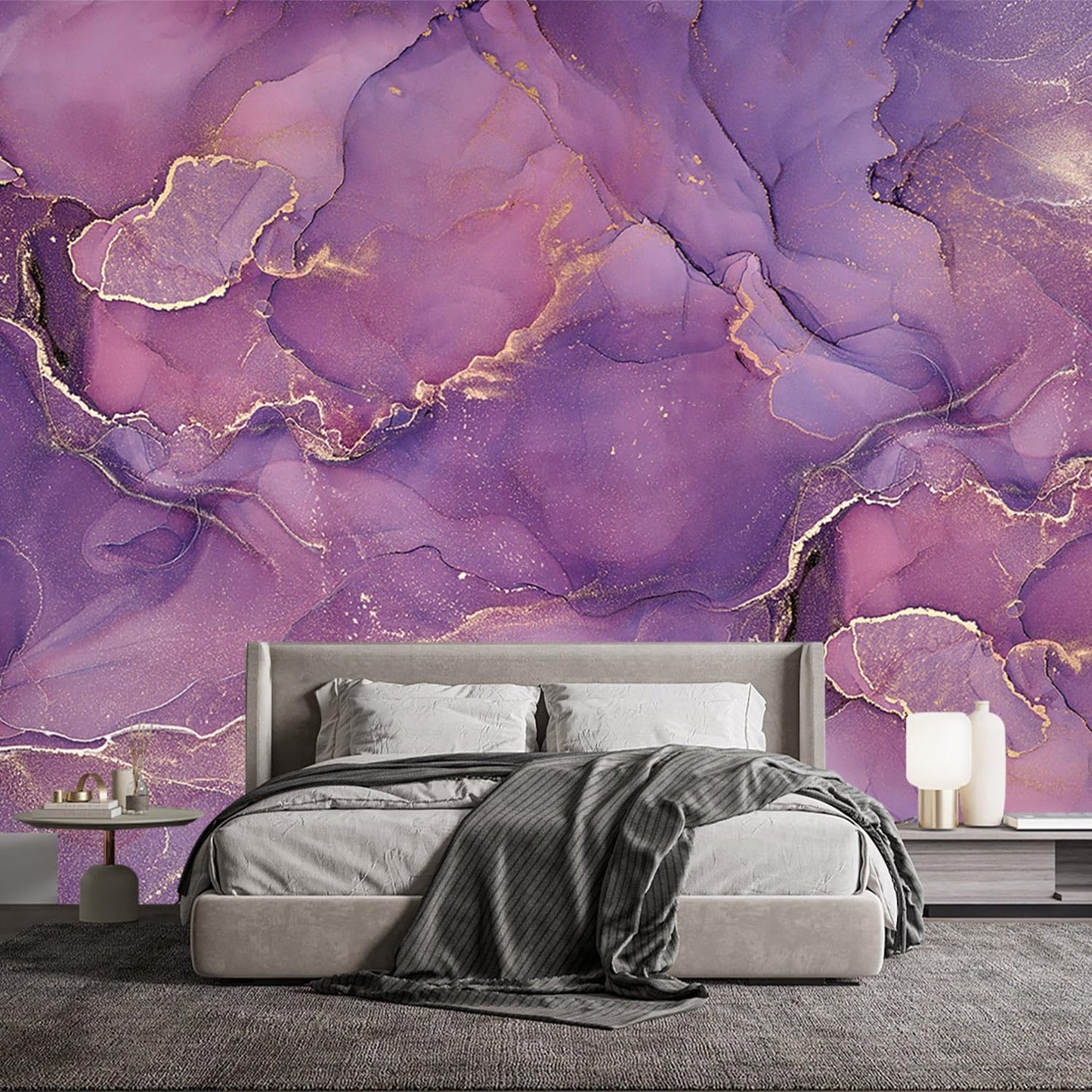 -Purple Marble Fabric Wallpaper Abstract Texture Mural Bedroom 100" x 65" (Not Peel and Stick)