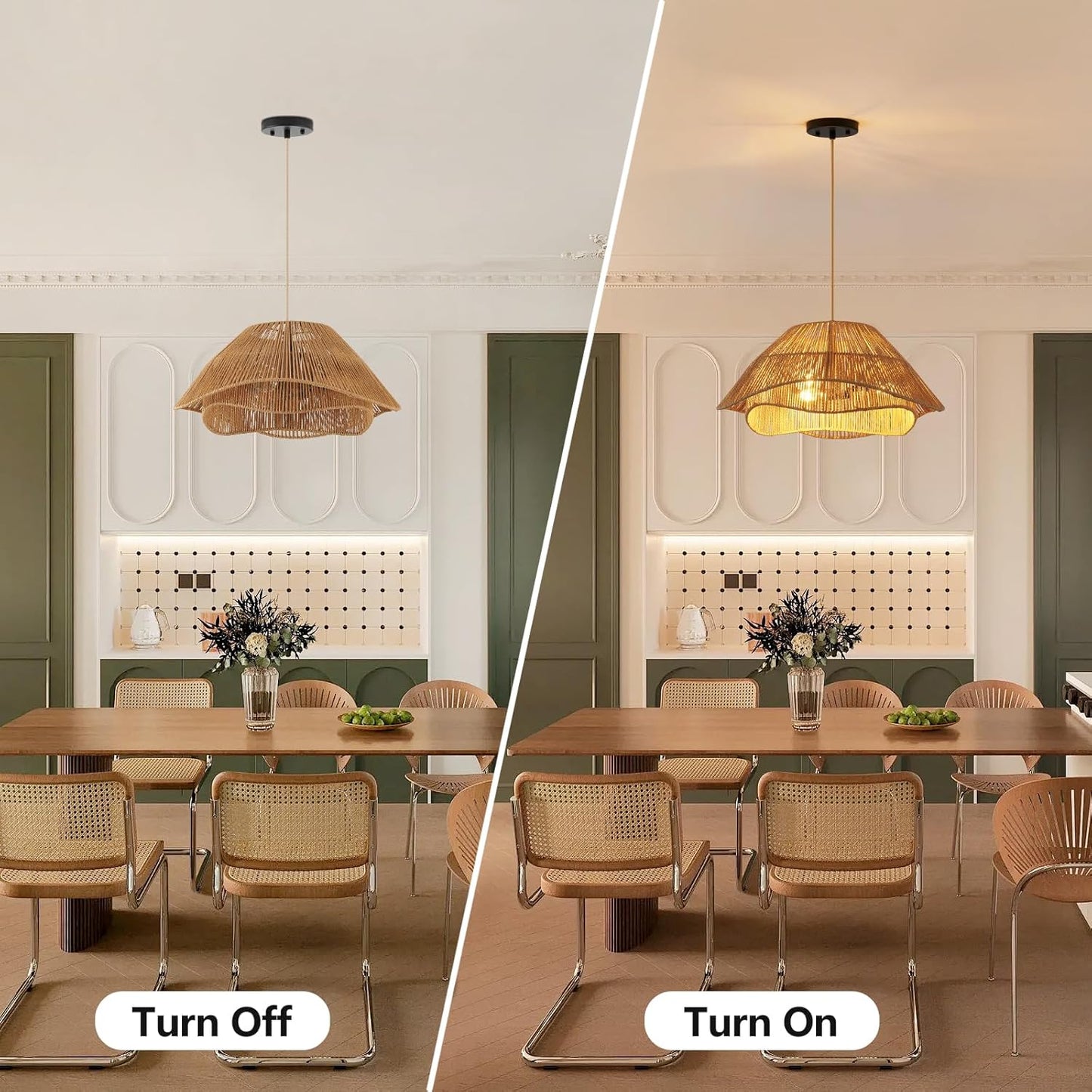 19.68" Rattan Pendant Light Fixture, 3-Light Boho Hanging Light Fixture Ceiling Mount, Bohemian Woven Wicker Flush Mount Hanging Lamp, Adjustable Rattan Chandelier for Kitchen Island Hallway