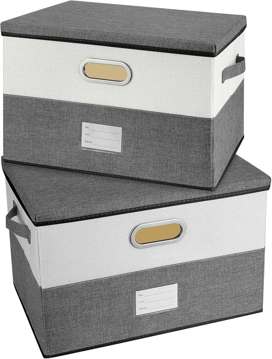 Large Linen Fabric Foldable Storage Bins with Removable Lid and Handles, Washable Storage Box Organizer Containers Baskets Cube with Cover for Bedroom,Office (Grey&Cream, Medium(2-Pack))