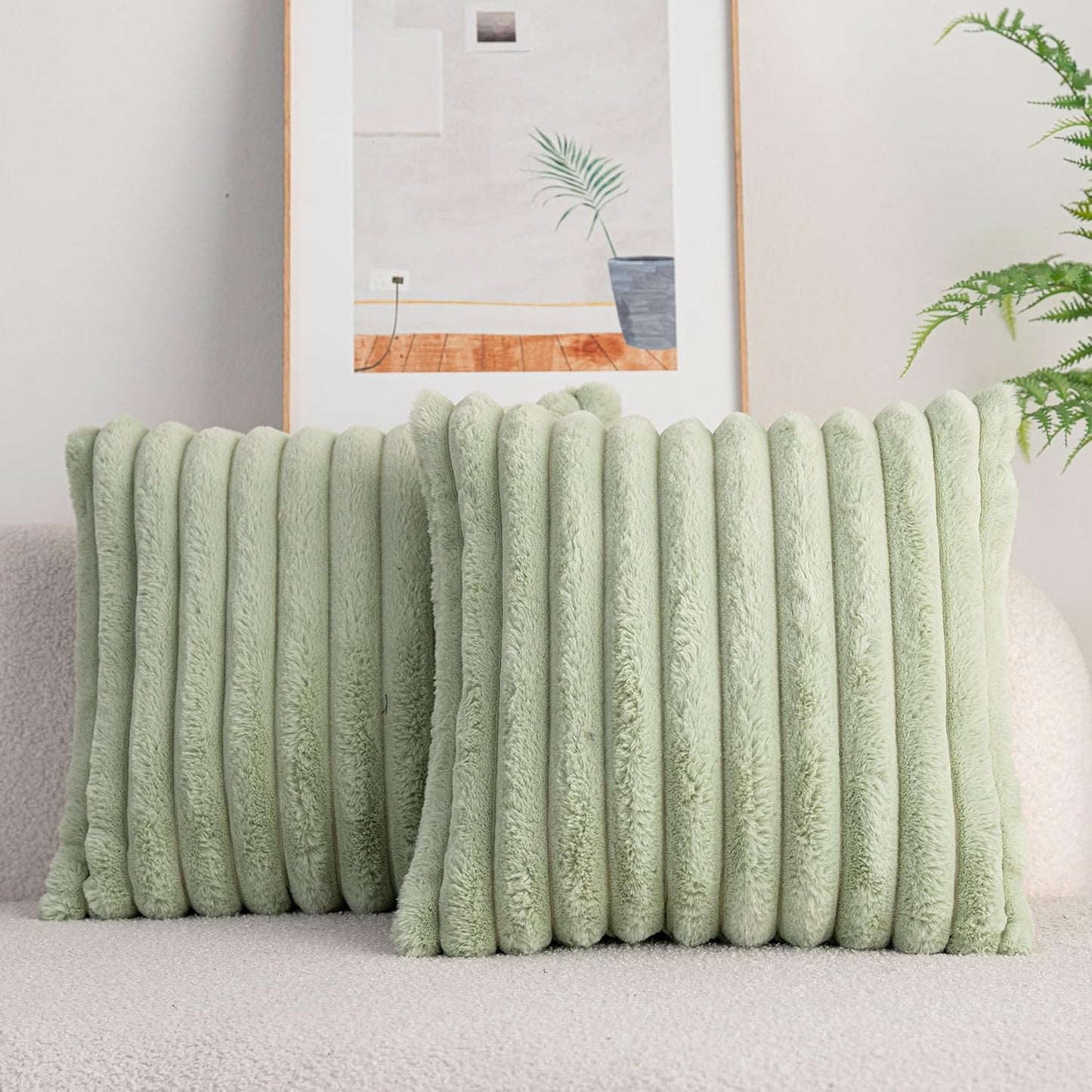 DEELAND Pack of 2,Double-Sided Faux Fur Plush Decorative Throw Pillow Covers Fuzzy Striped Soft Pillowcase Cushion Covers for Sofa Couch Bedroom Green 16x16 inch