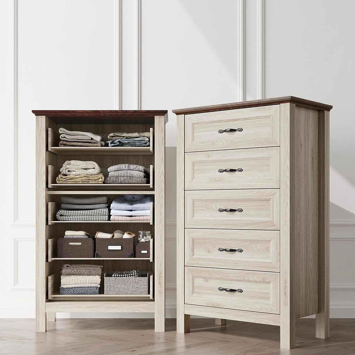 LINSY HOME 5 Drawers Dresser for Bedroom, Wood Tall Bedroom Chest of Drawers with Metal Handle, Farmhouse Dressers Organizer for Living Room, Closet, Hallway, White Oak