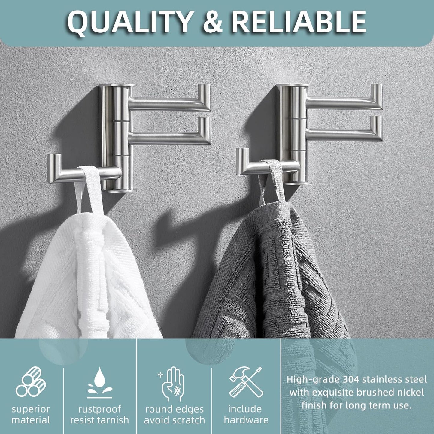 Angle Simple Swivel Towel Hooks, SUS 304 Stainless Steel Foldable Robe Hand Towel Holder for Bathroom Kitchen Wall, Brushed Nickel, 2 Pack