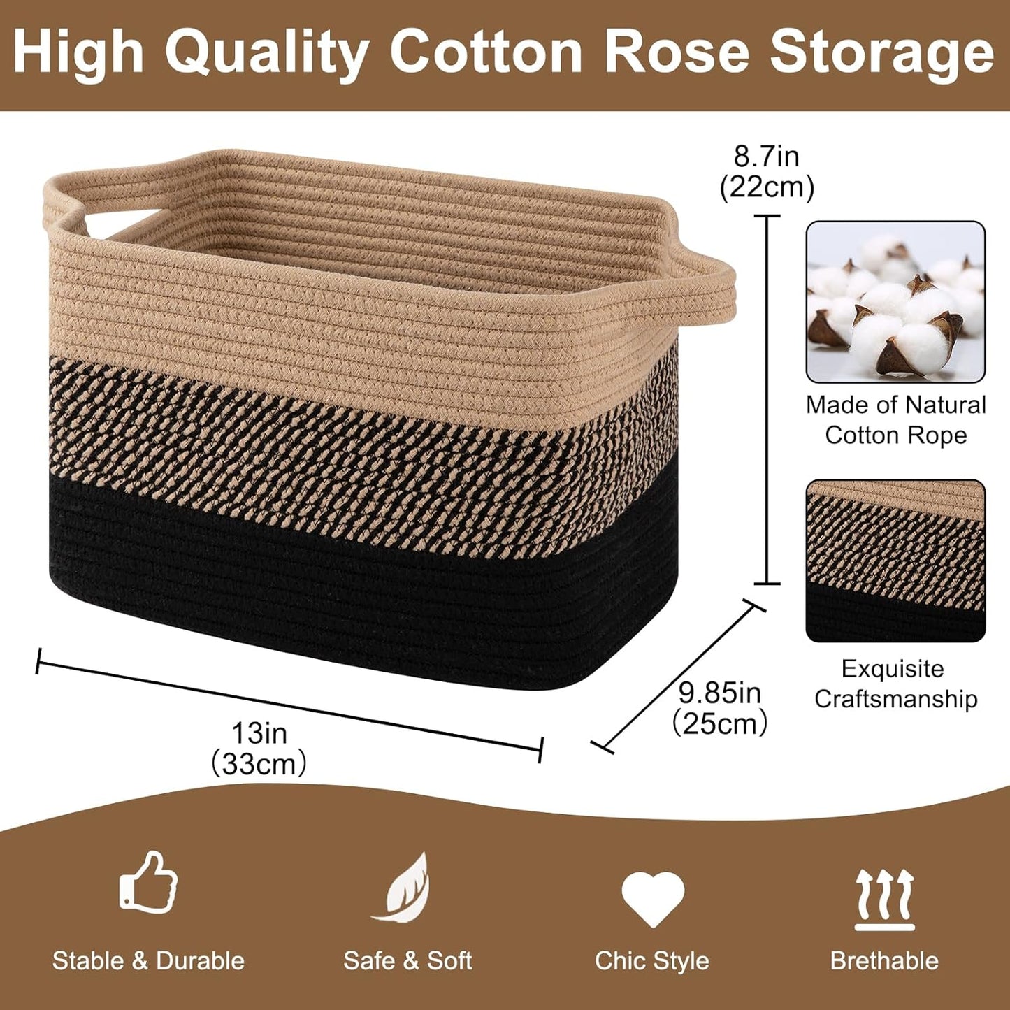 Storage Basket for Organizing, Woven Baskets for Storage, Rectangle Decorative Baskets for Shleves, Closet, Toys, Books, Nursery Organizer Bins - Pack of 3 (Black & Brown)