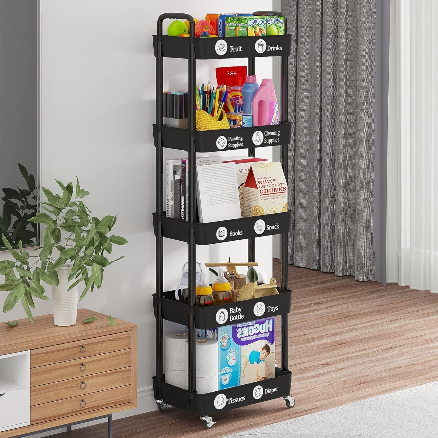 Laiensia Storage Cart,Multifunction Utility Rolling Cart Kitchen Storage Organizer,Mobile Shelving Unit Cart with Lockable Wheels for Bathroom,Laundry,with Classified Stickers