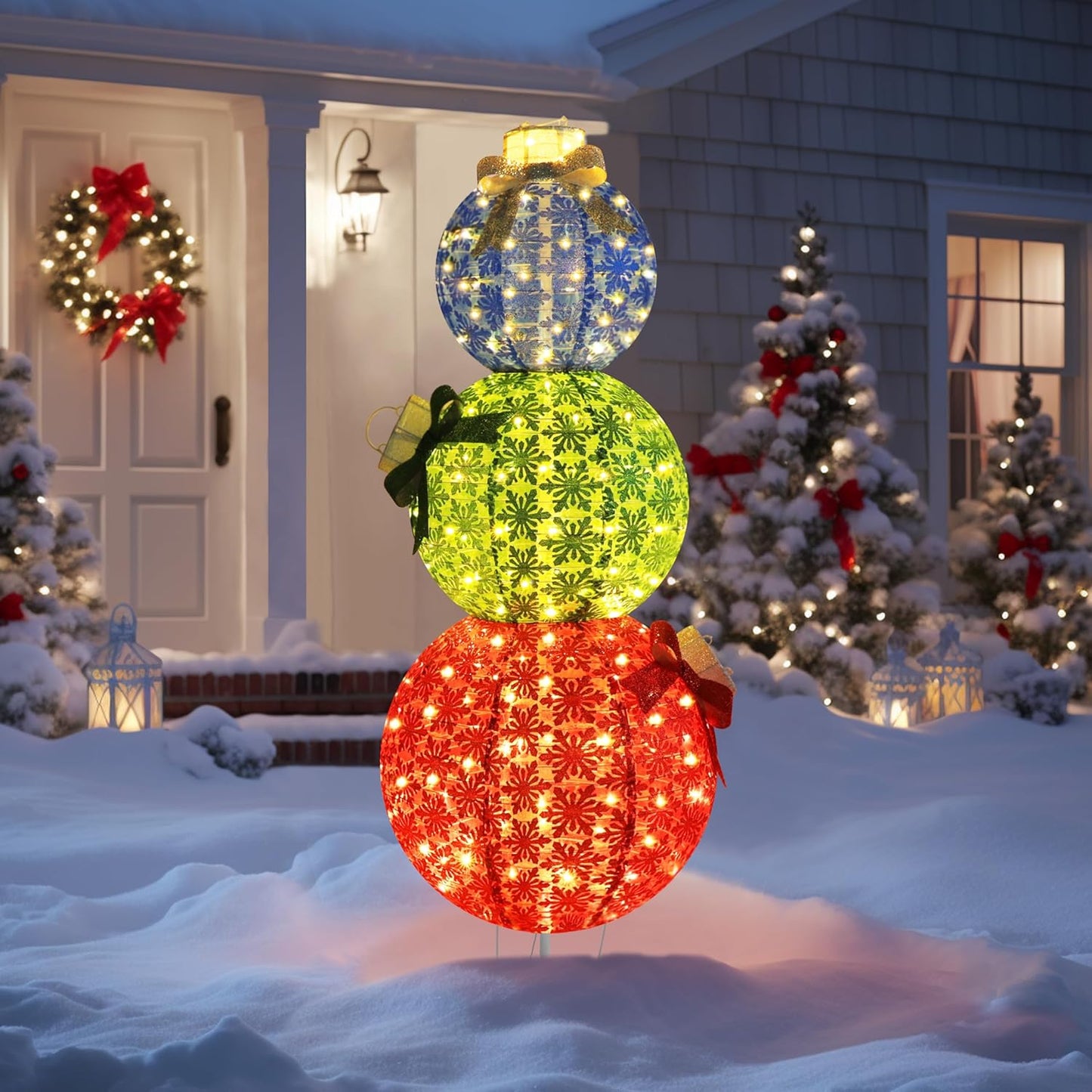 5FT Lighted Pop Up Stackable Ornaments for Christmas Decoration, 3D Pre-Lit Decor with 210 LED Lights with Easy Pop-Up Design, Freestanding Glittered Holiday Display for Outdoor, Indoor