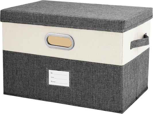 Large Linen Fabric Foldable Storage Bins with Removable Lid and Handles, Washable Storage Box Organizer Containers Baskets Cube with Cover for Bedroom,Closet,Office,Nursery(Grey&Cream, Large)